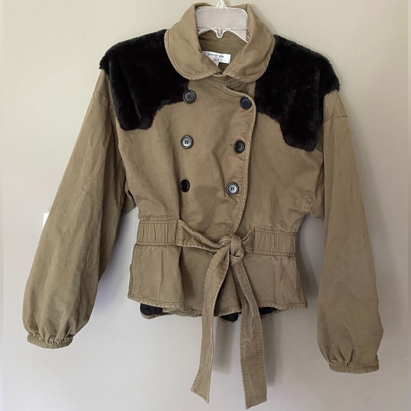 MARISSA WEBB Faux Fur Belted Coat Olive Green Utility Trench Jacket Size 6 - Picture 8 of 13